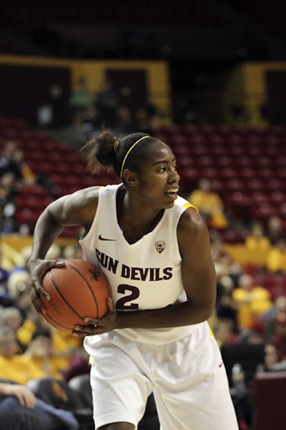 Junior Micaela Pickens surveys the court in a game against Stanford on Feb. 2. Pickens finished with five points and a team-leading four assists in ASU’s 50–46 loss to Utah. (Photo by Sam Rosenbaum)