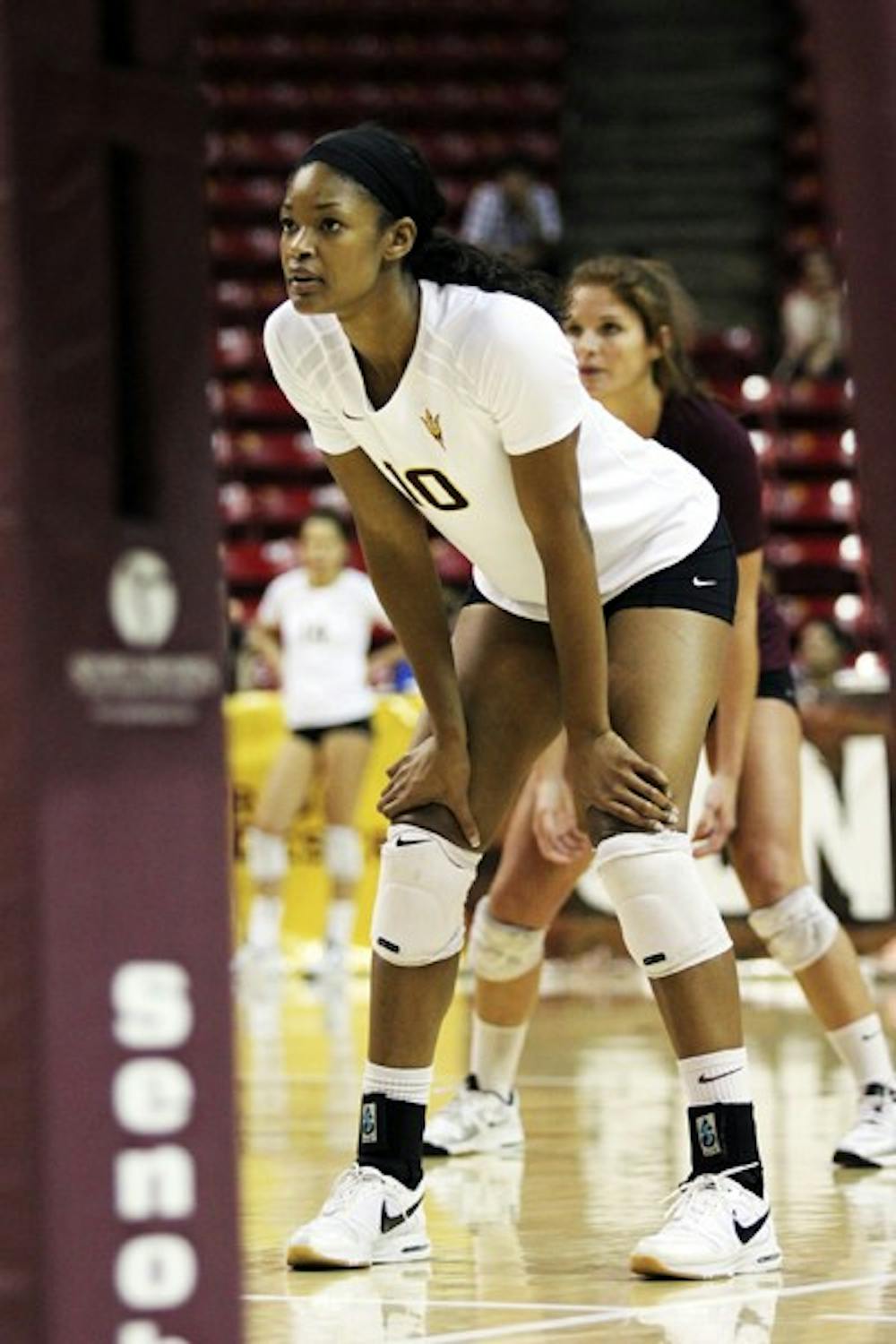 Senior Erica Wilson totaled 522 kills in only her first year as an outside hitter, placing her fifth all-time for ASU kills in a season. Wilson moved from middle blocker prior to the season. (Photo by Kyle Newman)