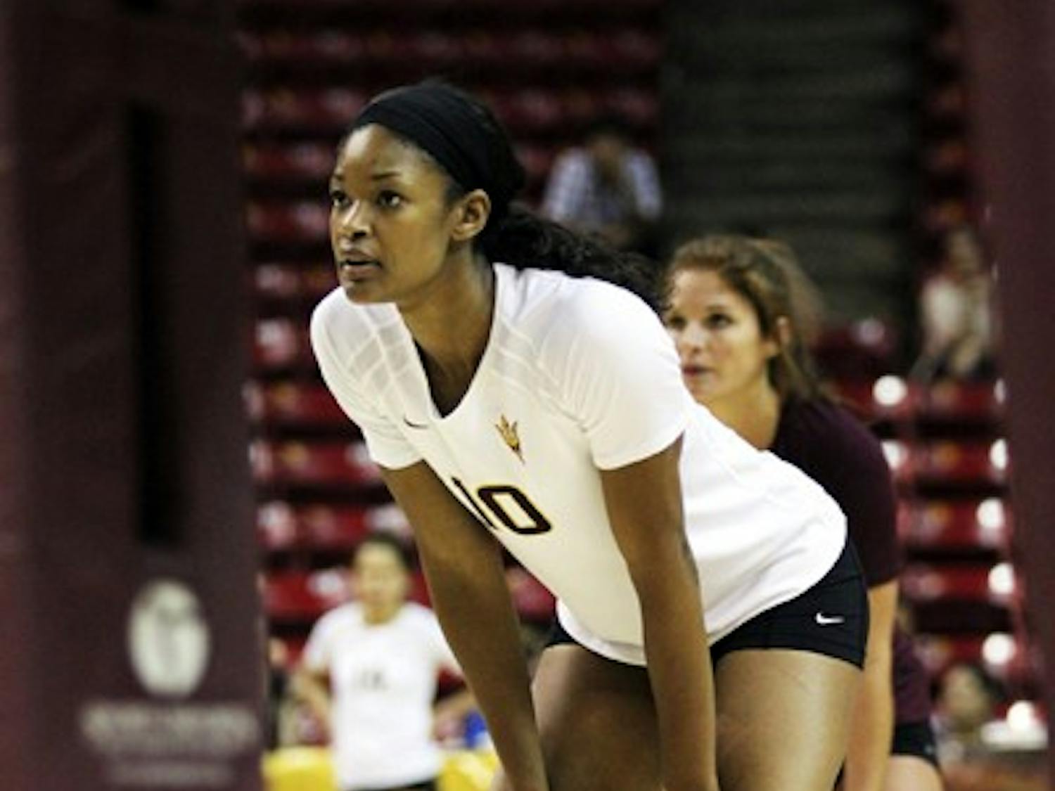 Senior Erica Wilson totaled 522 kills in only her first year as an outside hitter, placing her fifth all-time for ASU kills in a season. Wilson moved from middle blocker prior to the season. (Photo by Kyle Newman)