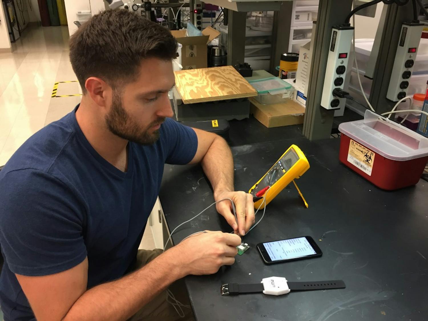 Kyle Mallires working on a PRISMS watch in Tempe, Arizona on April 17, 2017.