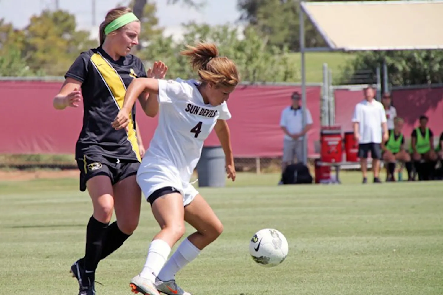 STEPPING UP: Freshman midfielder Jessica DeLeon shields the ball from her opposite number during the Sun Devils loss to Missouri on Sunday. DeLeon is expected to move into the starting lineup this weekend in Tucson. (Photo by Rosie Gochnour)
