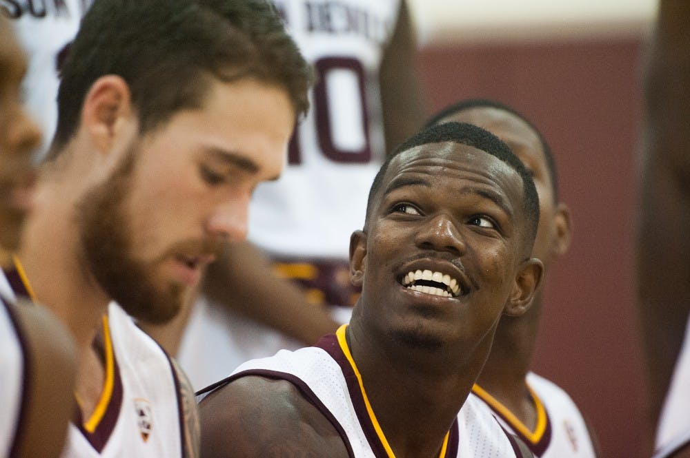 Senior guard Gerry Blakes laughs during a portrait during the men's basketball team's media day on Tuesday, Sept. 29, 2015, at the Weatherup Center in Tempe.
