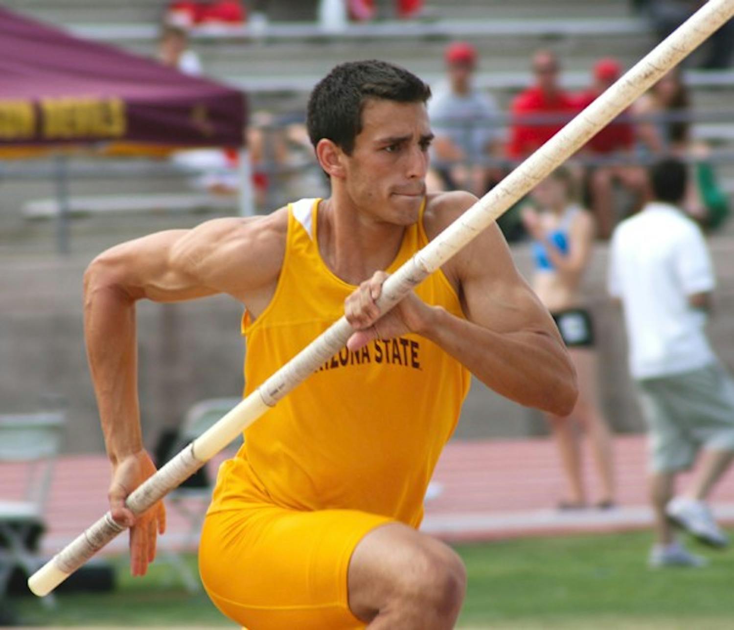 Home Sweet Home: ASU junior Jamie Sandys makes his run during the pole vault at the Sun Devil Open on Saturday. ASU dominated the home meet, recording 25 top-three marks during the two-day meet. (Photo by Lisa Bartoli)