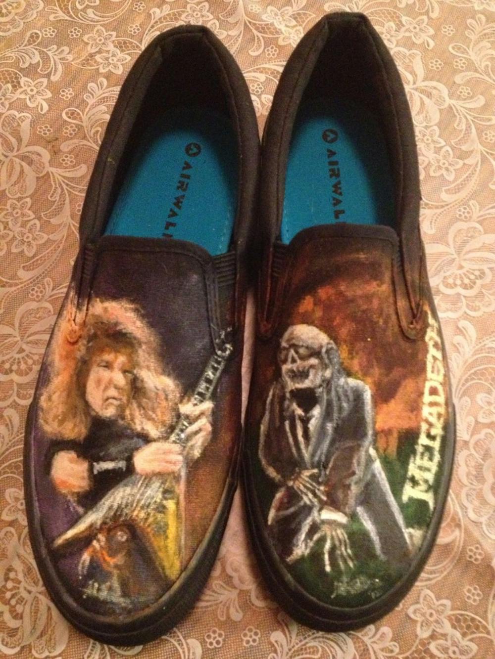 Megadeth, a classic rock band, themed canvas shoes. Acrylic paint was used. Photo by Alec Damiano.