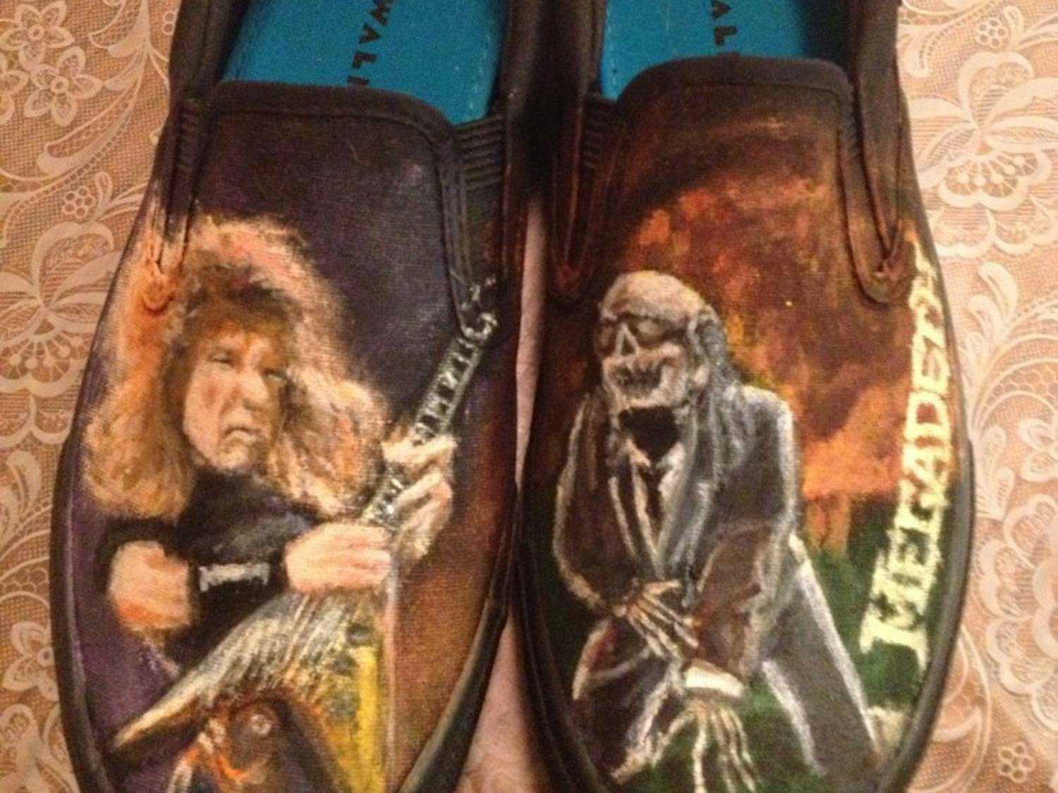Megadeth, a classic rock band, themed canvas shoes. Acrylic paint was used. Photo by Alec Damiano.