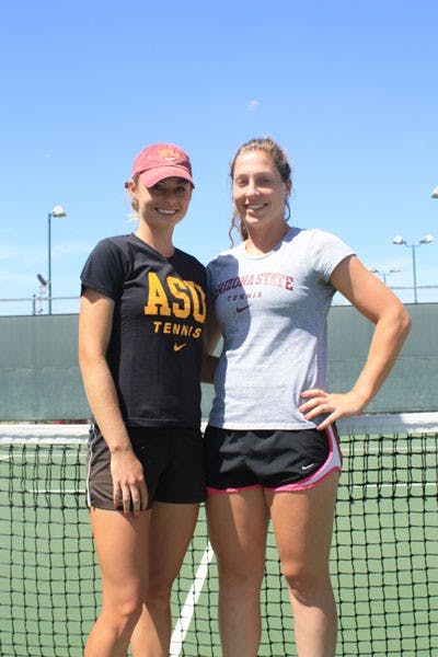 A HAPPY REUNION: The ASU doubles tandem of juniors Micaela Hein and Kelcy McKenna, who earned All-American honors last season, have been reunited for the Pac-10 Championships after rarely playing together during the 2010 season.  (Photo by Jessica Weisel)