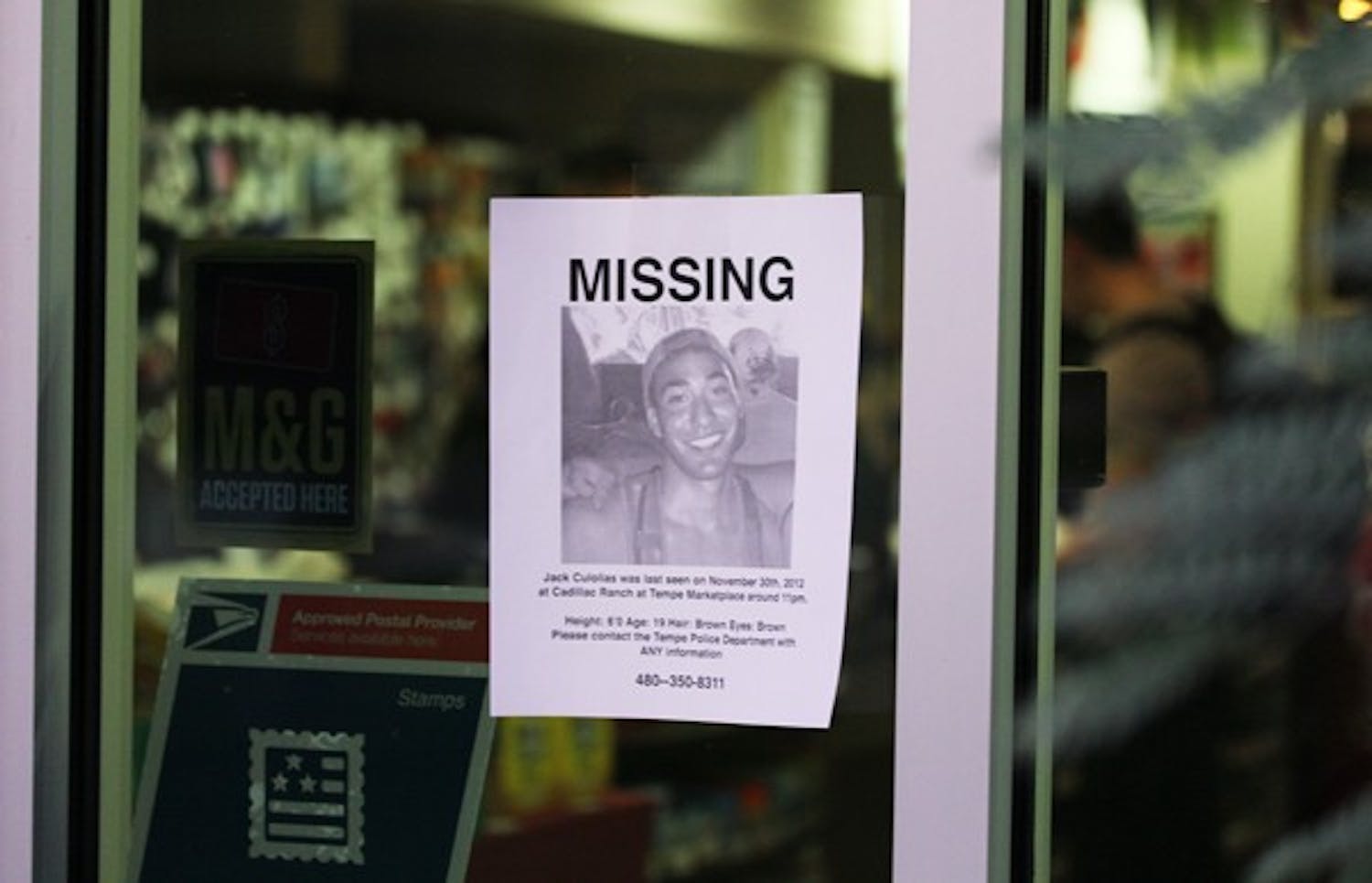 Family and friends of exploratory freshman Jack Culolias put up posters like this one at the Memorial Union's P.O.D. Market since he was reported missing Sunday. On Thursday afternoon, Tempe Police stopped searching for Culolias in Tempe Town Lake. (Photo by Jenn Allen)