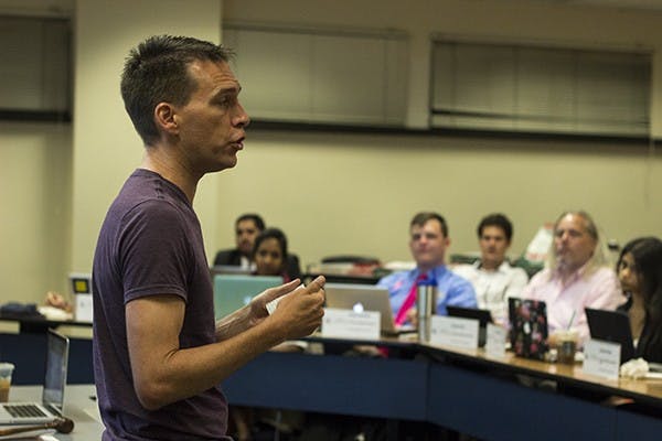 Tempe City Councilmember Kolby Granville speaks to the Tempe USG senate in Tempe, Arizona, on Oct. 7, 2014.&nbsp;
