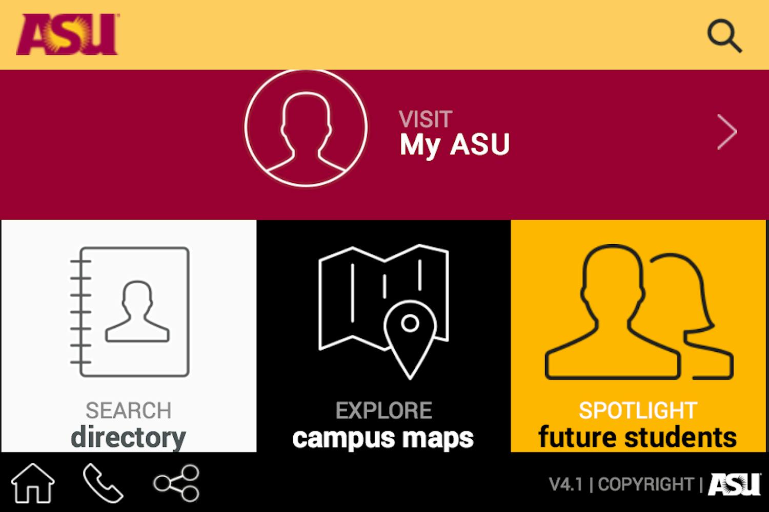 The main navigation screen on the ASU app.