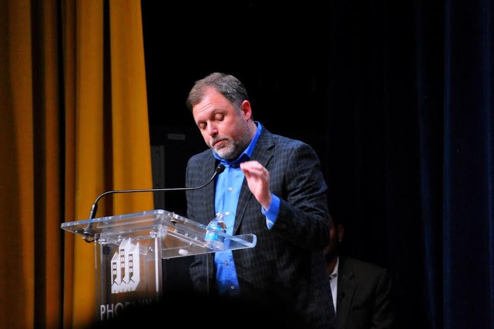 Social justice advocate and anti-racist writer Tim Wise speaks to at Phoenix College about racial inequality and white privilege on Thursday, July 23, 2015. 