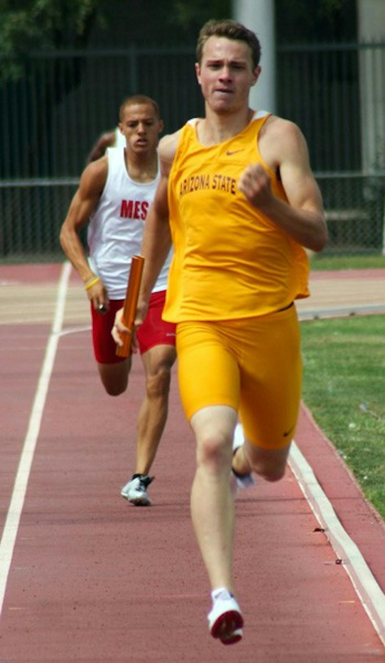 Climbing the Ranks: ASU freshman sprinter Kevin Scheuerman runs his leg of the 4x400 meter relay during the Sun Devil Open on Saturday. The Sun Devils finished first in the event, and the men’s track team moved into the top 25 in the national rankings. (Photo by Lisa Bartoli)