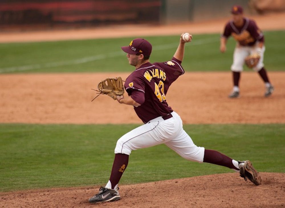 Surprise weekend: ASU freshman Trevor Williams delivers a pitch during the Sun Devils 7-3 loss to Delaware on Friday. ASU travels to Surprise on Thursday for the annual Coca-Cola College Baseball Classic. (Photo by Lisa Bartoli)
