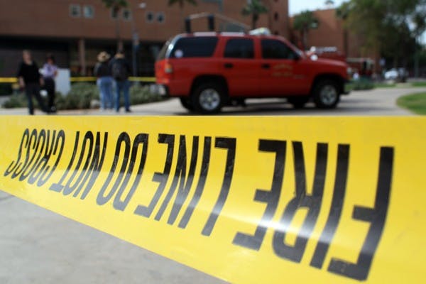 Fire trucks rushed to the scene at Palo Verde East dorm on the Tempe campus Monday morning when a small fire broke out on the 6th floor. (Photo by Jessie Wardarski)
