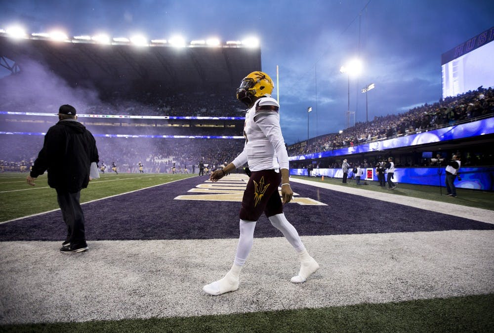ASU Sun Devils quarterback Manny Wilkins (5) takes the field before a football game against the UW Huskies on Saturday, Nov. 19, 2016, in Husky Stadium in Seattle, Washington. 