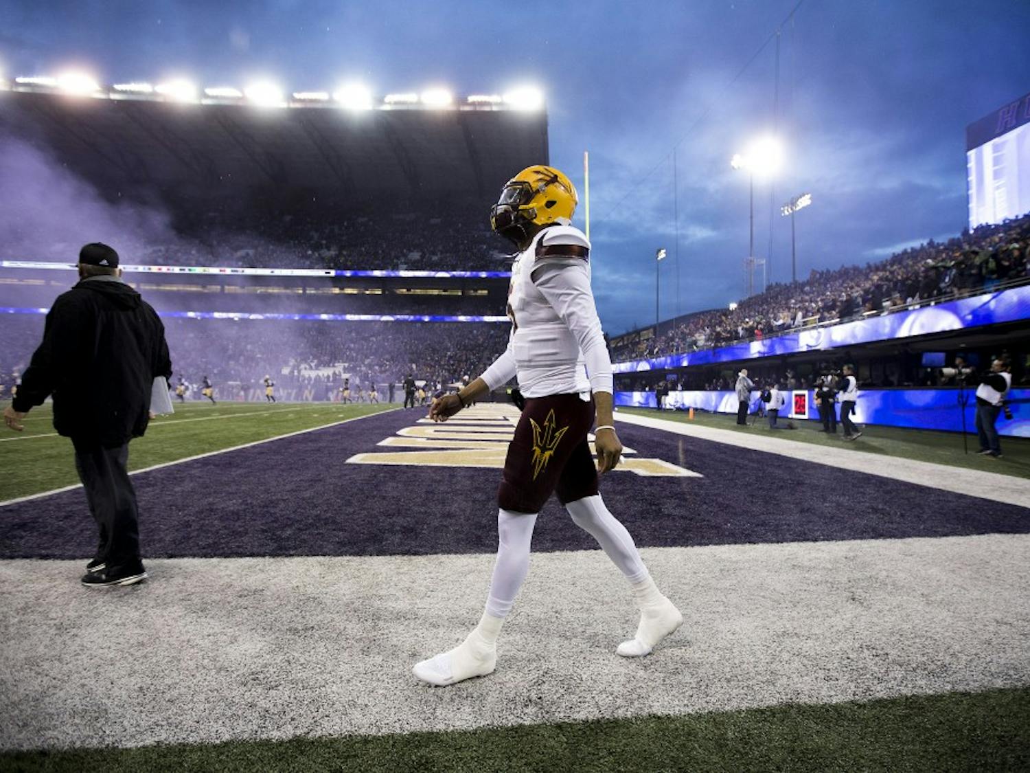 ASU Sun Devils quarterback Manny Wilkins (5) takes the field before a football game against the UW Huskies on Saturday, Nov. 19, 2016, in Husky Stadium in Seattle, Washington. 