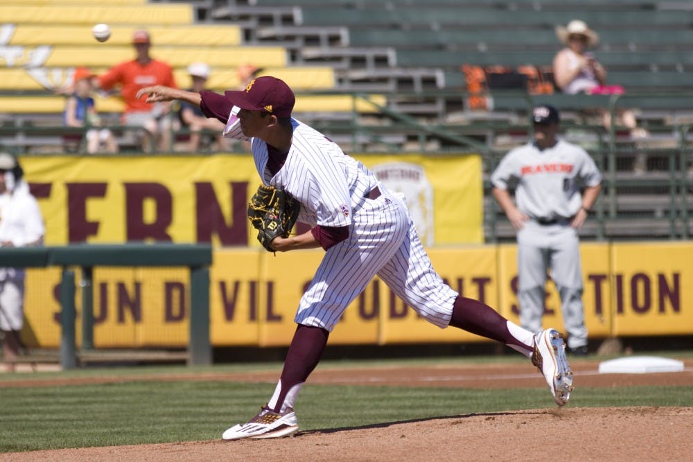 ASU senior pitcher Eder Erives (7) delivers a strike to the plate during game three of a baseball series against the Oregon State Beavers at Phoenix Municipal Stadium in Phoenix on Saturday, March 18, 2017. ASU lost 4-0.