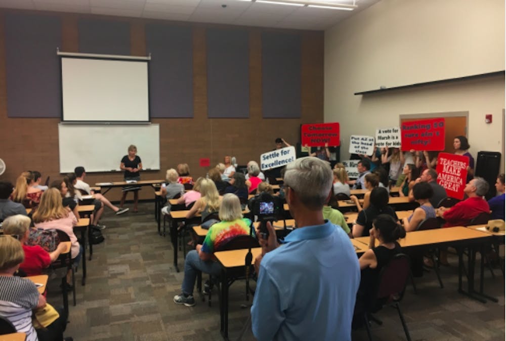Christine Marsh (pictured at the front of the room), a teacher from Scottsdale, announced her bid for State Senate in 2018 as a Democrat for Legislative District 28. Marsh made the announcement in front of her Chaparral high school students on May 23, 2017.
