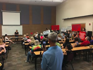 Christine Marsh (pictured at the front of the room), a teacher from Scottsdale, announced her bid for State Senate in 2018 as a Democrat for Legislative District 28. Marsh made the announcement in front of her Chaparral high school students on May 23, 2017.
