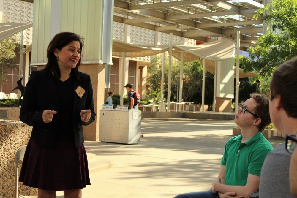 State Rep. Isela Blanc (D-Tempe) speaks with students in front of the Memorial Union building&nbsp;on March 31, 2017.