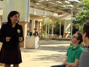 State Rep. Isela Blanc (D-Tempe) speaks with students in front of the Memorial Union building&nbsp;on March 31, 2017.