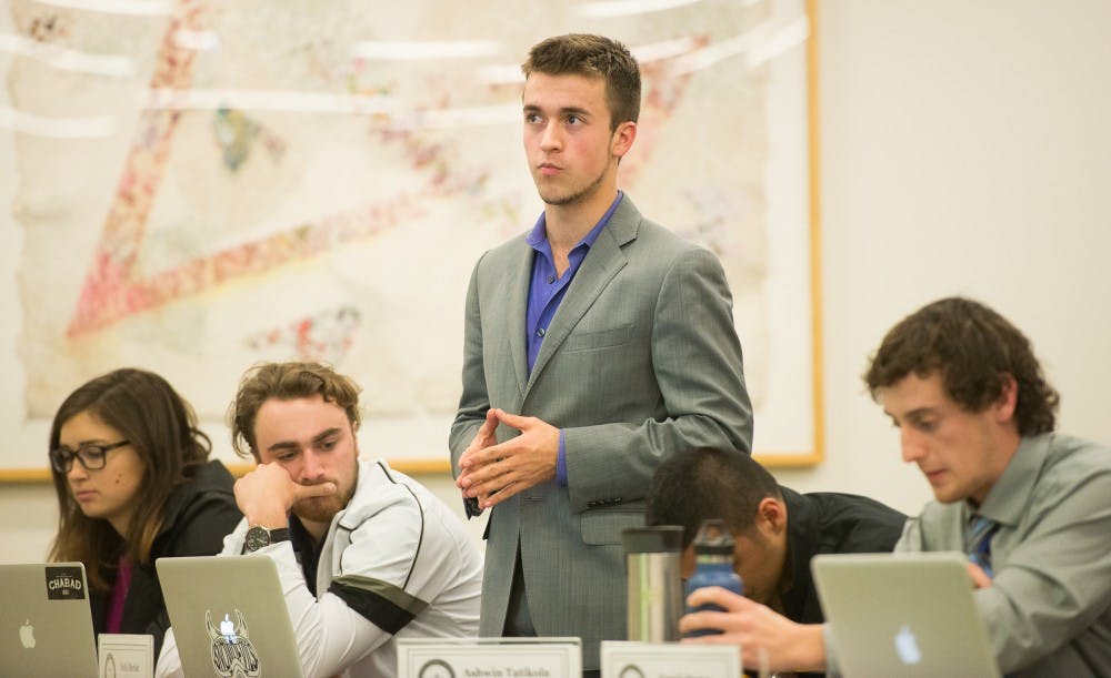 Senator Felix Herbst of the University Affairs committee speaks at a Tempe Undergraduate Student Government meeting on Tuesday, Jan. 19, 2016, at the Memorial Union on the Tempe campus.
