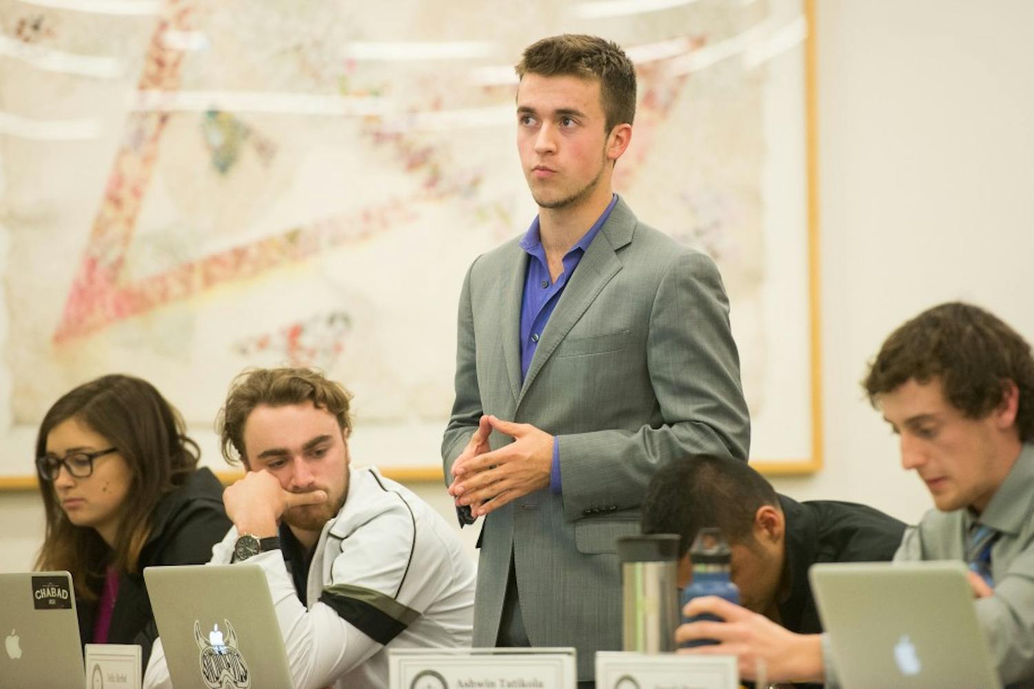 Senator Felix Herbst of the University Affairs committee speaks at a Tempe Undergraduate Student Government meeting on Tuesday, Jan. 19, 2016, at the Memorial Union on the Tempe campus.