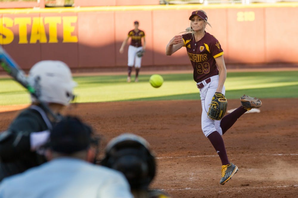Sophomore Breanna Macha pitches at the Sun Devil home opener at Farrington Stadium in Tempe on Thursday, Feb. 11, 2016. 