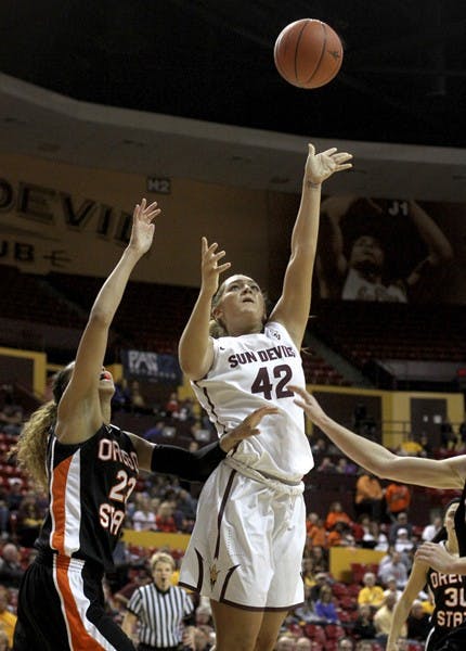Freshman forward Haley Videckis releases a hook shot at the Jan. 13 game against Oregon State. The Sun Devils will play Colorado on Friday (Photo by Sam Rosenbaum)