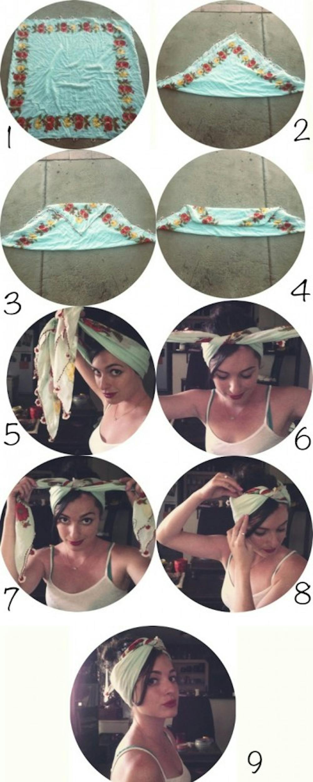 Step by step instructions for a DIY headscarf. Photos and collage by Gabi Nelson