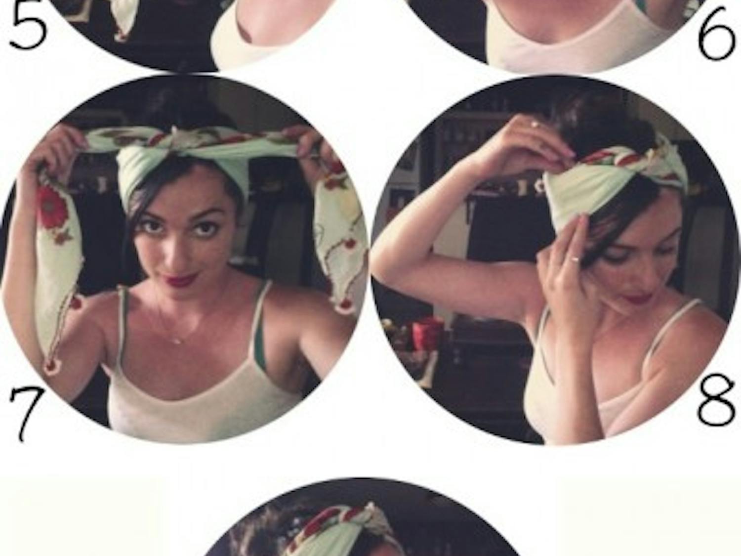 Step by step instructions for a DIY headscarf. Photos and collage by Gabi Nelson