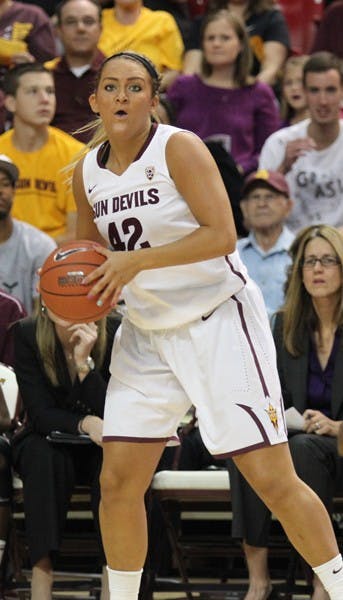 Freshman forward Haley Videckis searches for an open teammate during the Sun Devils’ 65-59 loss to Dayton on Dec. 2. (Photo by Kyle Newman)