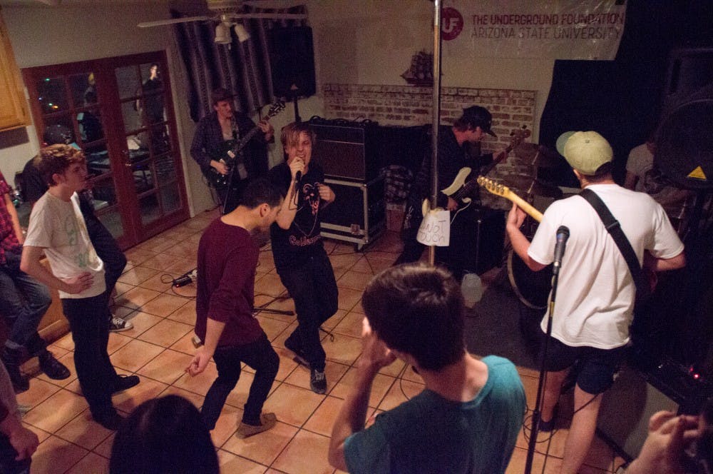Local emotive punk band Sundressed plays to an enthusiastic audience at a house show put on by The Underground Foundation in Tempe, Arizona on March 19, 2016. The Underground Foundation is an Arizona State University club that puts on small venue concerts in and around ASU's tempe campus.