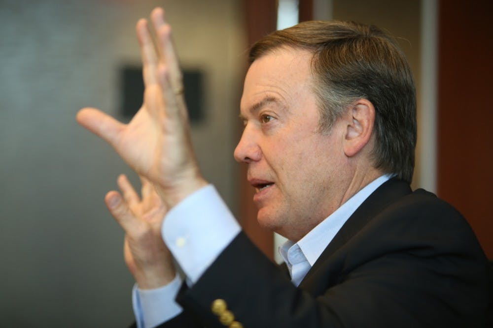 ASU President Michael Crow speaks the State Press editorial board in the Fulton Center on Thursday, April 21, 2016.