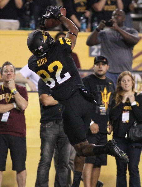 Redshirt junior wide receiver Kevin Ozier catches a pass for a touchdown during the Sun Devils’ 43-21 loss to No. 4 Oregon on Oct. 18. (Photo by Sam Rosenbaum)