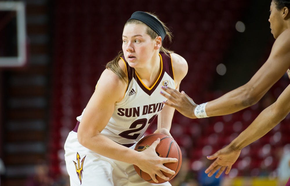 Junior forward Sophie Brunner looks to pass against Florida State on Monday, Dec. 21, 2015, at Wells Fargo Arena in Tempe. The Sun Devils defeated the Seminoles 68-56.