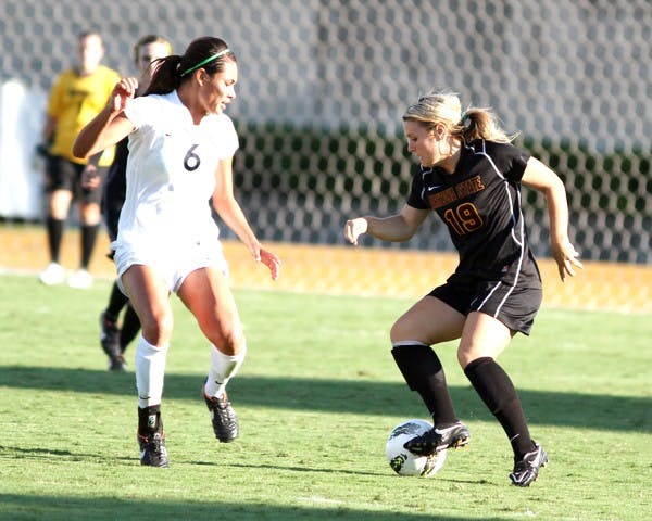 NOT ENOUGH: ASU senior defender Kari Shane tries to dribble past Cal sophomore midfielder Kaitlyn Fitzpatrick during the Golden Bears’ 1-0 win on Friday. The Sun Devils’ shortened roster was a major factor in the loss. (Photo courtesy of Steve Rodriguez)