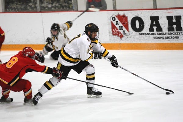 ASU junior forward Dan Styrna rushes down the ice against Iowa State on Nov. 5. The No. 4 Sun Devil hockey team is off to its best start in team history. (Photo by Lisa Bartoli)