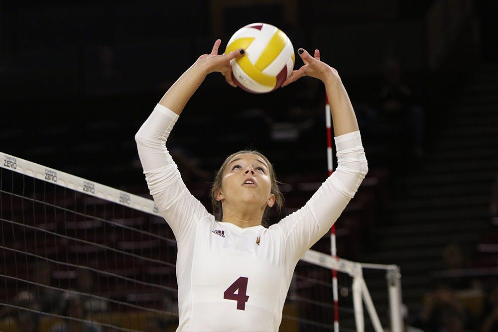 Freshman setter Kylie Pickrell sets the ball for a teammate against Gonzaga Sunday, Sept. 13, 2015 at Wells Fargo Arena in Tempe. The Sun Devils defeated the Bulldogs 3-1 in four sets (25-23, 20-25, 25-14, 25-17).