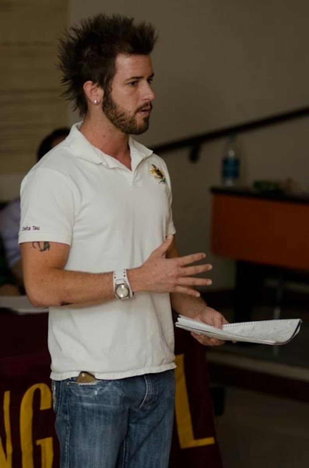 LOSING A LITTLE BROTHER: Tyler Miesch spoke, Tuesday night, at a discussion on the Tempe campus trying to prevent deaths related to the misuse of prescription drugs. Miesch was the fraternity brother of Joey Rovero who died in 2009 from misuse of perscription drugs. (Photo by Aaron Lavinsky)