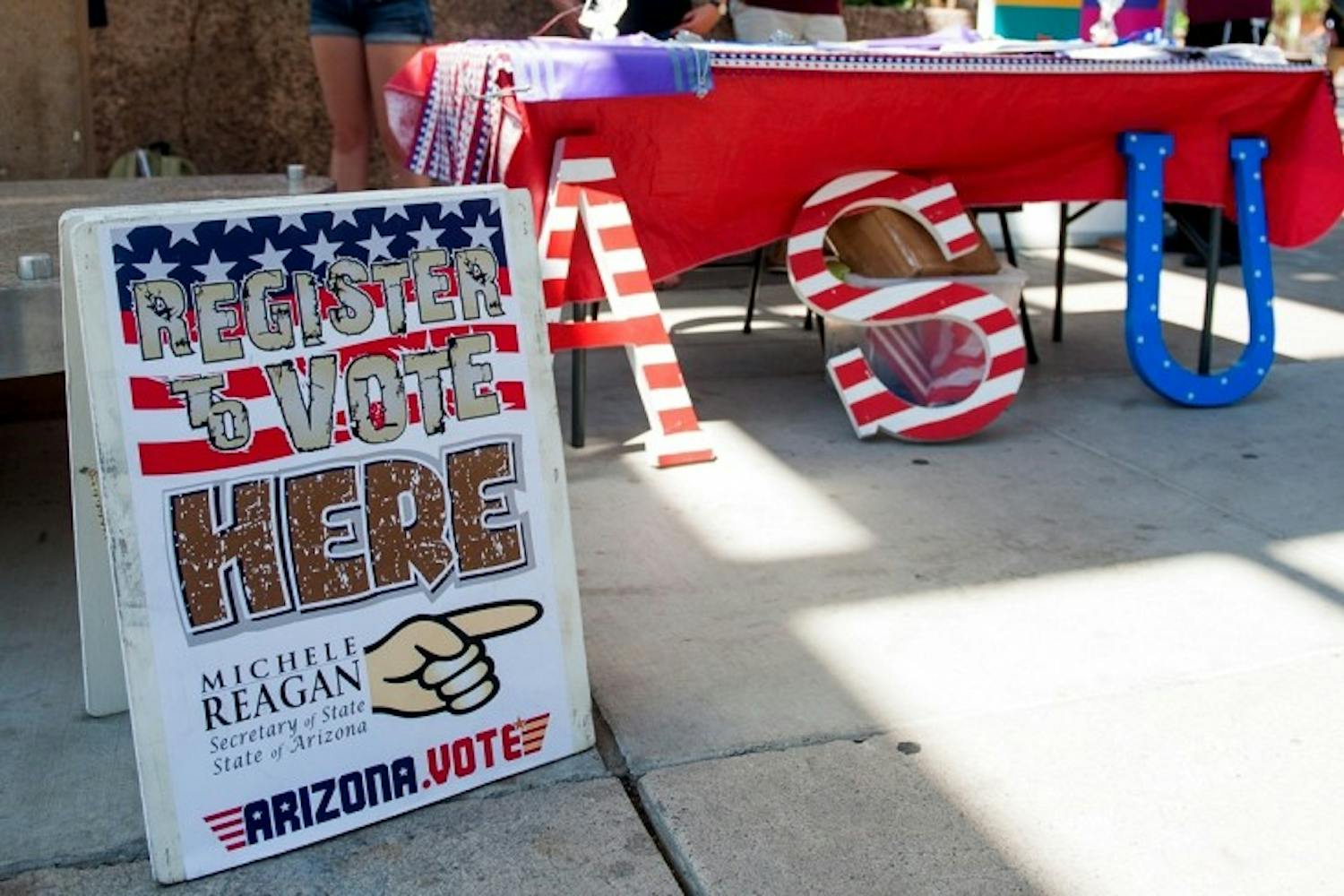 Tempe Undergraduate Student Government hosts a voter-registration drive on Wednesday, Aug. 26, 2015, outside the Memorial Union on the Tempe campus.