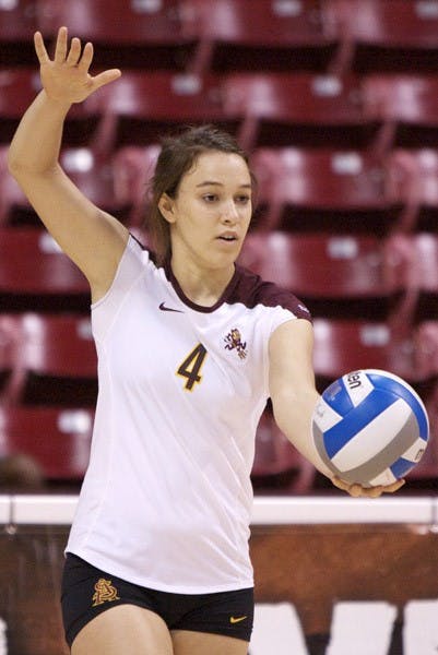 EARLY IMPACT: Freshman libero Jenny Teslevich graduated from Xavier Preparatory in Phoenix with no intentions of continuing her volleyball career but ended up walking on for ASU and has already seen significant playing time. (Photo by Scott Stuk)