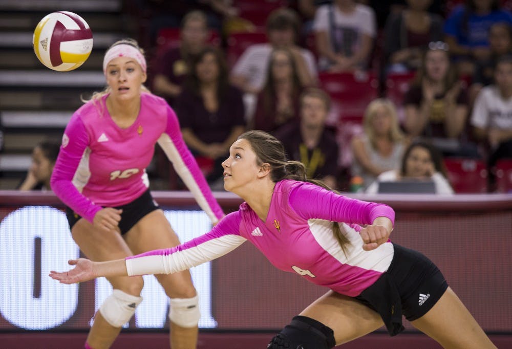 The ASU volleyball team competes against the visiting Stanford Cardinal at Wells Fargo Arena in Tempe on Friday, Oct. 2, 2015.