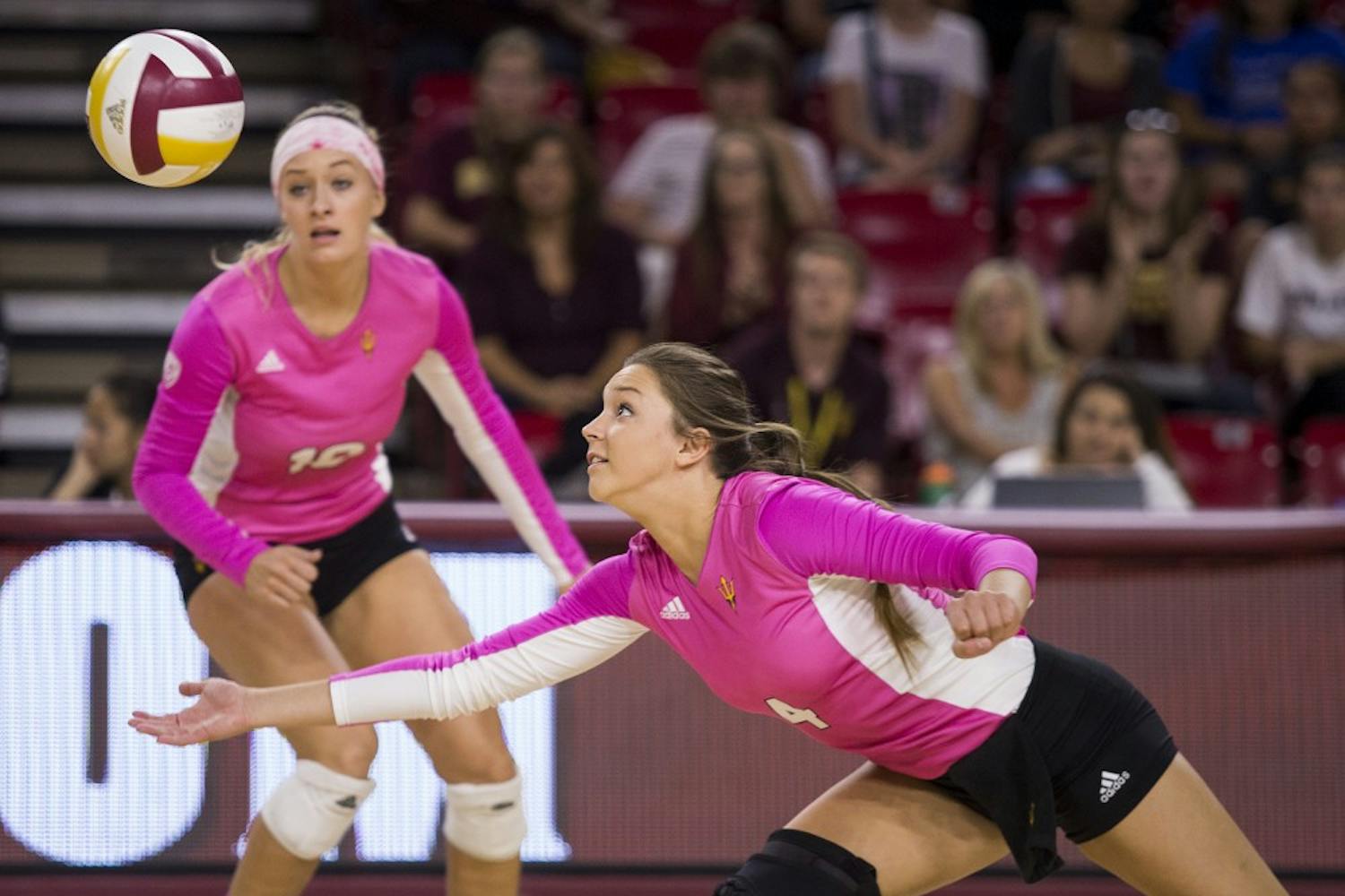 The ASU volleyball team competes against the visiting Stanford Cardinal at Wells Fargo Arena in Tempe on Friday, Oct. 2, 2015.