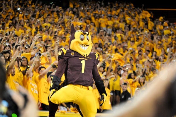ASU mascot Sparky stands in front of student section at the home game against Weber State on Aug. 28. (Photo by Andrew Ybanez)