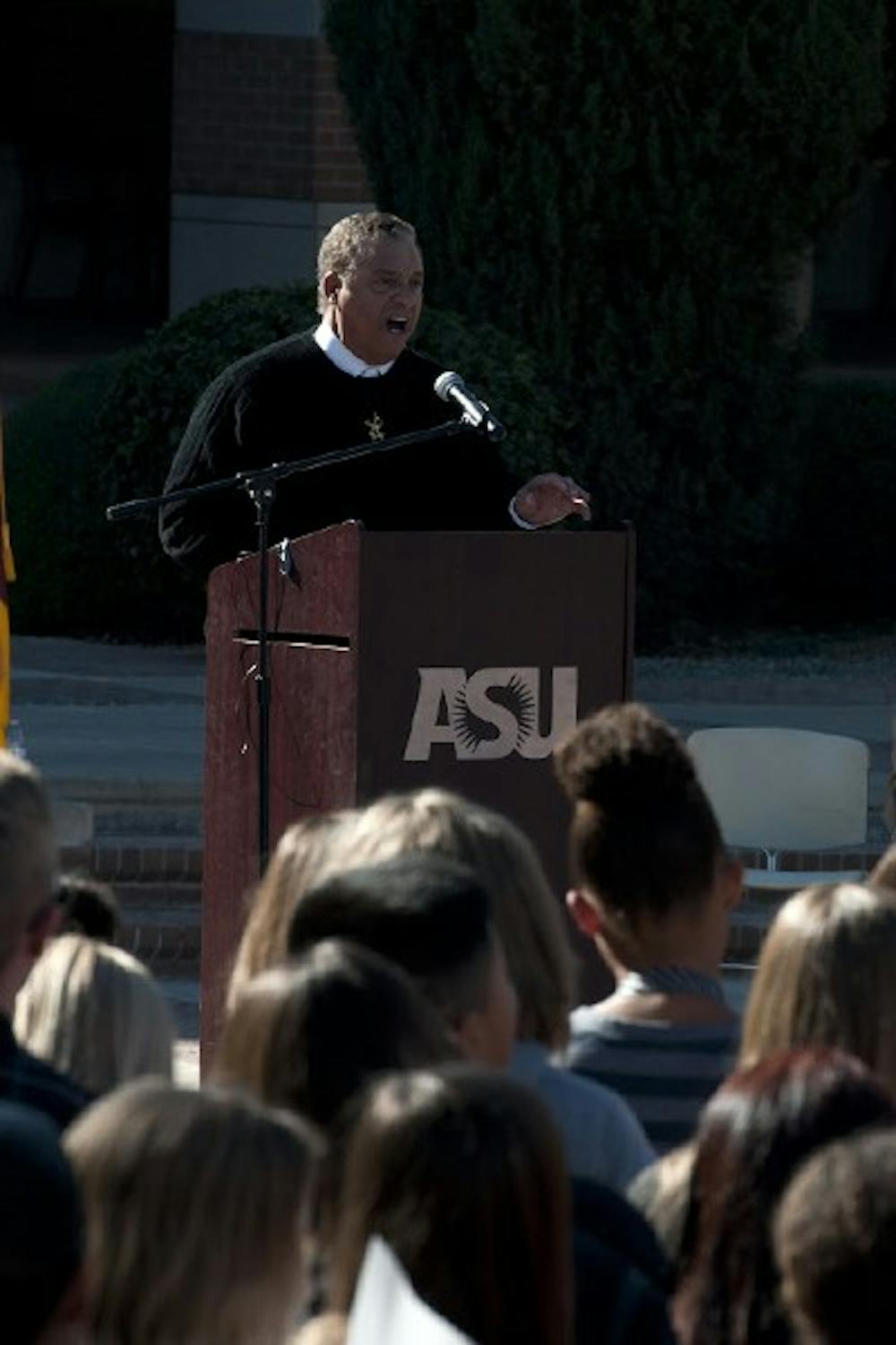 On Wednesday Jan. 22, at ASU's West Campus, hundreds of elementary students gather to watch Charles St. Clair reenact MLK’s “I Have a Dream Speech" that took place over a half a century ago in the nations capitol.  (Photo by Mario Mendez)