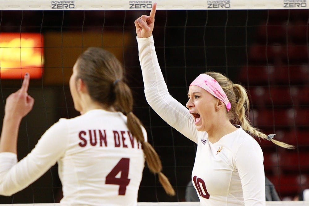 Junior outside hitter Kizzy Ricedorff (10) reacts after winning a point in the first set against University of Nevada, Las Vegas during the Red Lion Invitational on Friday, Sept. 18, 2015 at Wells Fargo Arena in Tempe. The Sun Devils defeated the Rebels 3 games to none (25-10, 25-21, 25-15).