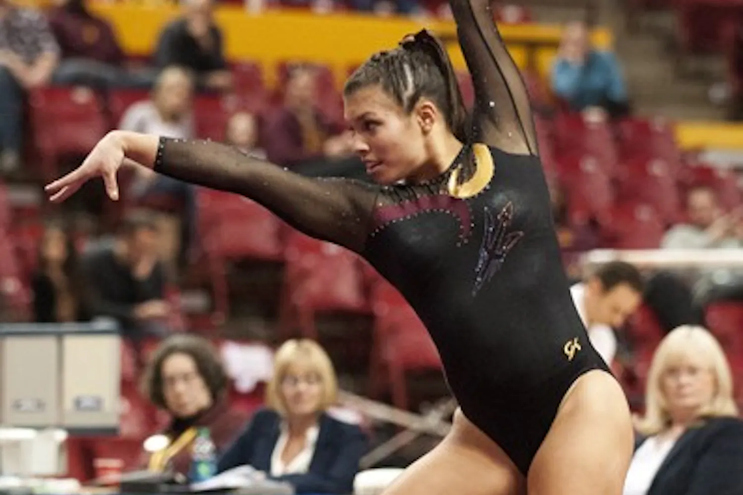 Freshman Allie Salas performs a floor routine at the Jan. 12 meet against Oklahoma. The Sun Devils face UCLA this weekend at home. (Photo by Molly J Smith)