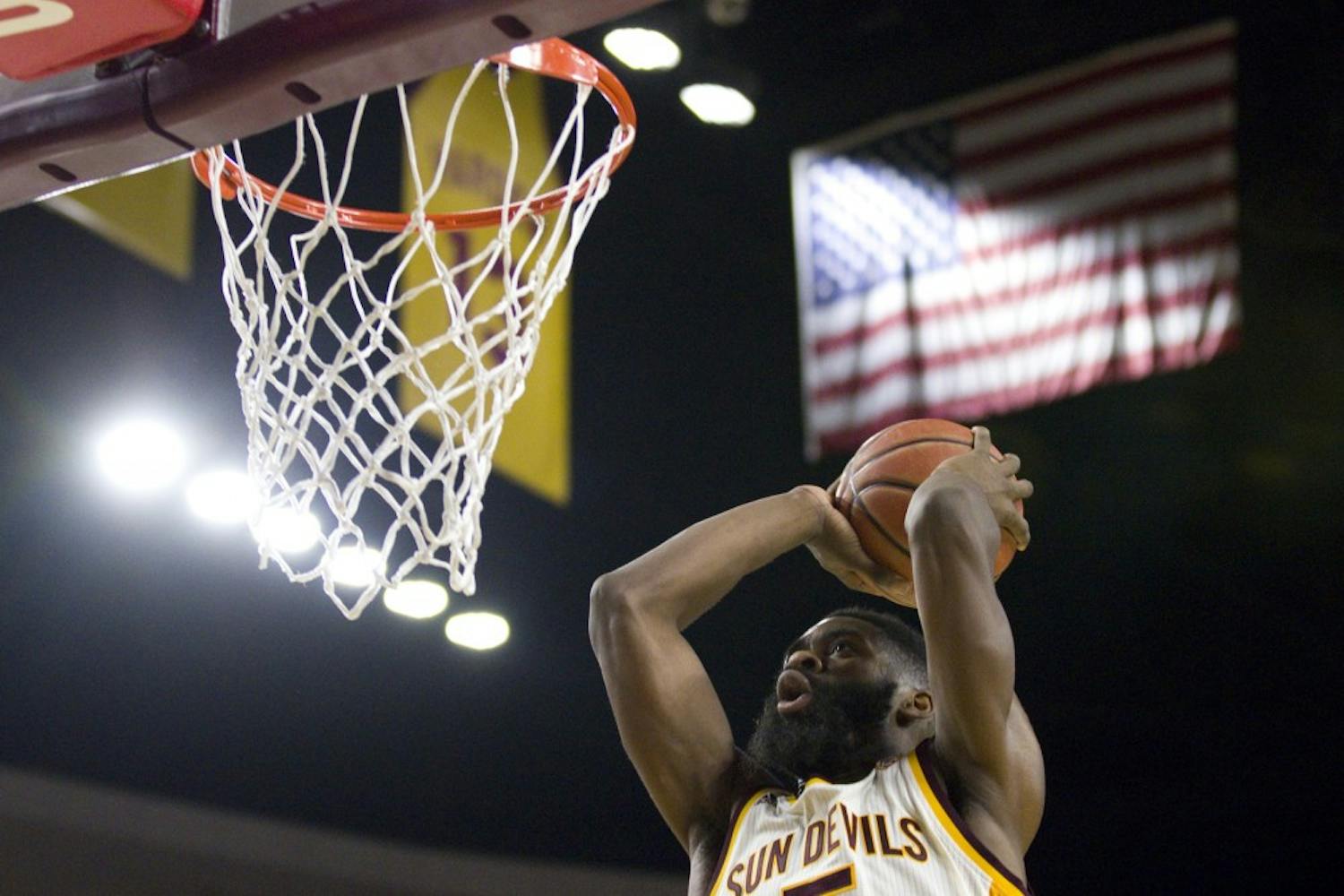 ASU senior forward Obinna Oleka (5) dunks the basketball after a steal during a men's basketball game against the Washington State Cougars in Wells Fargo Arena in Tempe, Arizona on Sunday, Jan. 29, 2017. ASU lost 91-83. (Josh Orcutt/State Press)