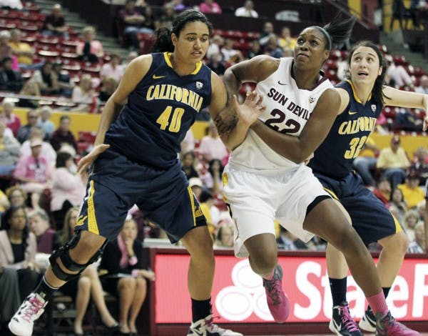 Cal’s Justine Hartman (40) boxes out for a rebound in a game against the Sun Devils on Feb. 4. At 22-7 on the season, Cal is almost guaranteed an at-large berth to the NCAA tournament. (Photo by Sam Rosenbaum)