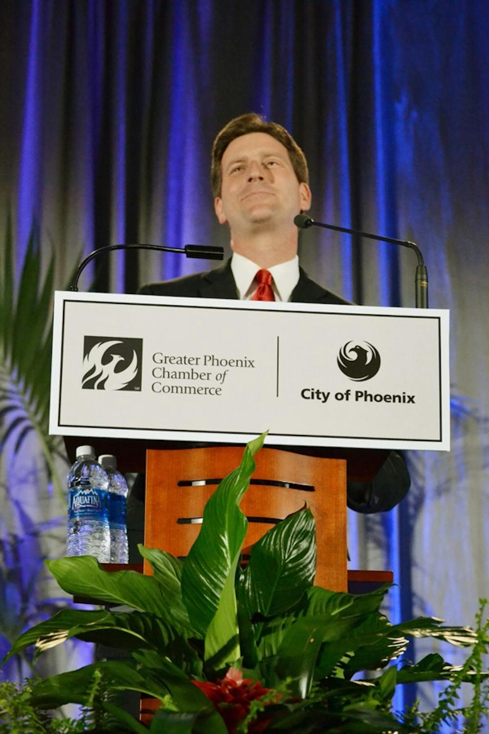 Phoenix Mayor Greg Stanton delivered his State of the City address at the Phoenix Convention Center Wednesday afternoon. Stanton outlined his plans to move the Sandra Day O’Connor College of Law downtown and to utilize vacant lots throughout the city. (Photo by Mackenzie McCreary)